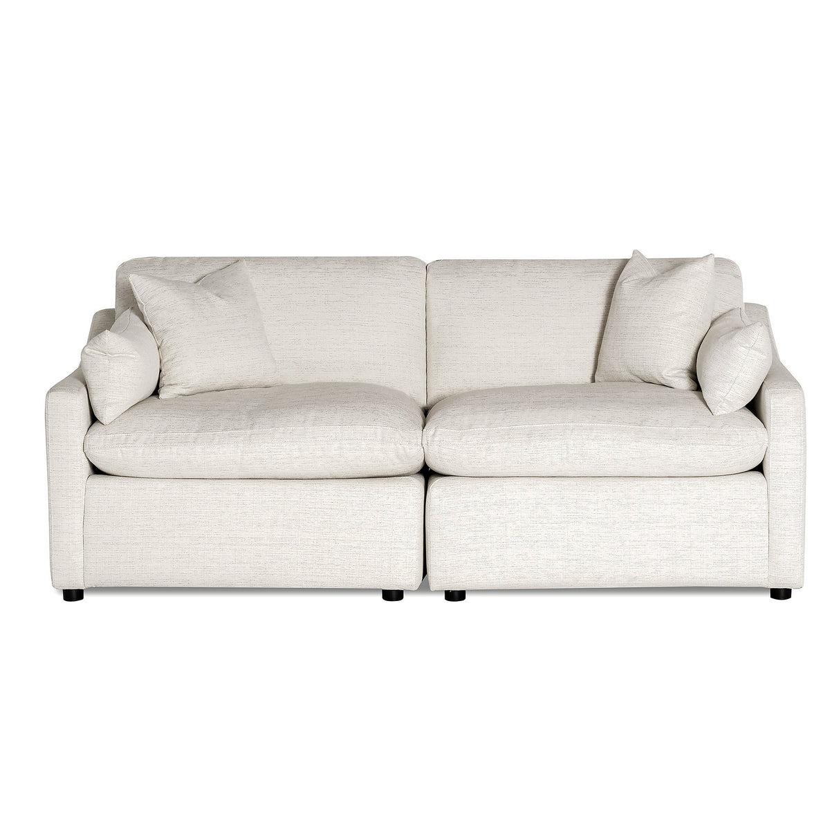 Introducing the My Cloud Slope 2 Piece—a white, modern two-seater with plush cushions and armrests. Its minimalist design, clean lines, and soft fabric texture provide unrivaled comfort and a touch of sophistication to any space.