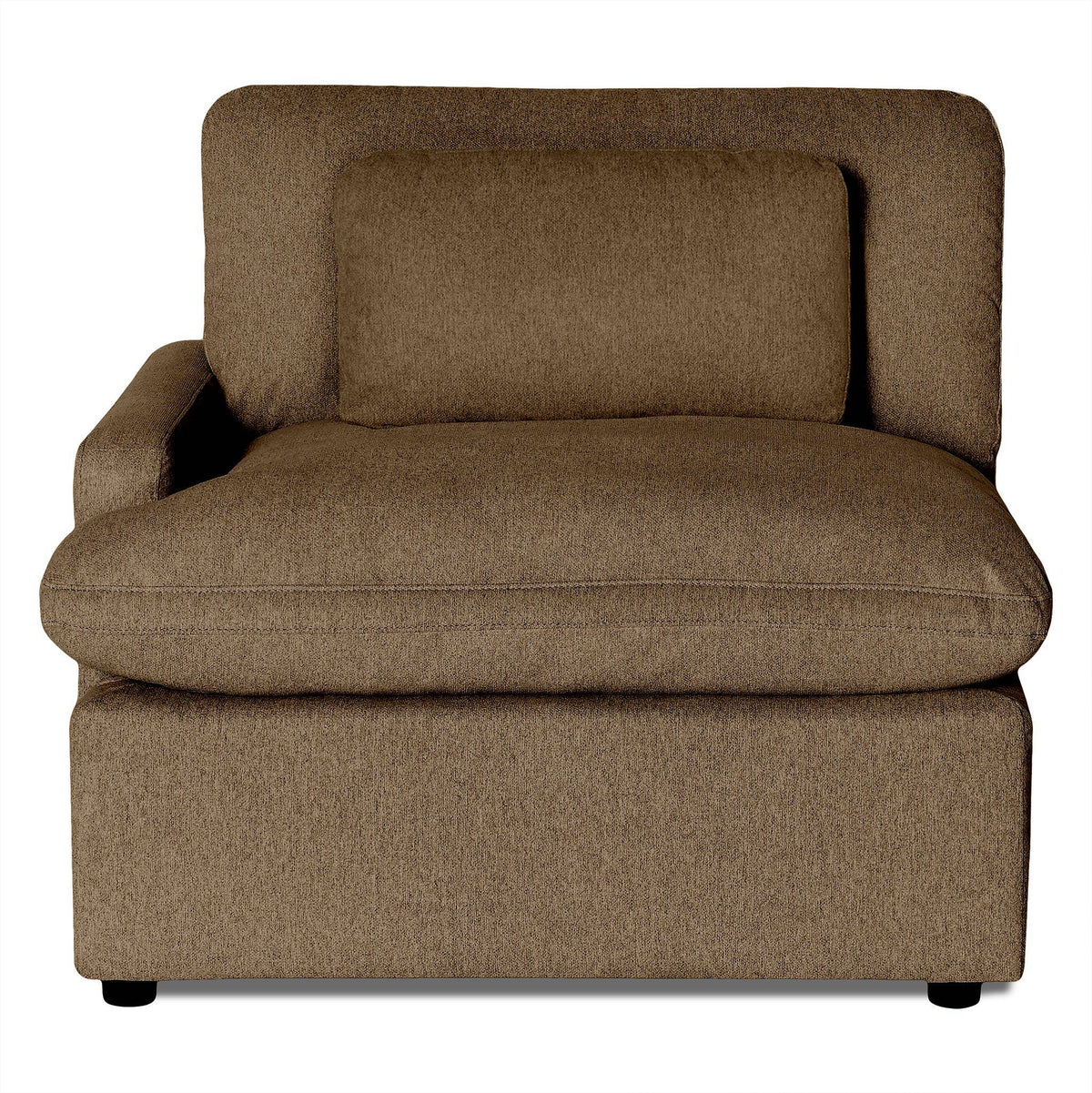 The My Cloud Left Arm is a brown fabric armchair with a left armrest and matching rectangular cushion. Its minimalist design features soft, padded surfaces and a solid base, enhancing any seating area with its cozy and inviting look.