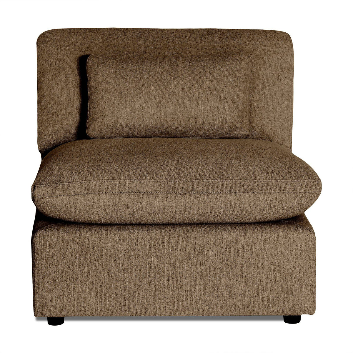 The My Cloud Armless chair, featuring a brown upholstered design with a matching rectangular cushion, delivers plush comfort. Its thick padded seat and backrest offer coziness, and the woven fabric texture adds elegance to any living space.