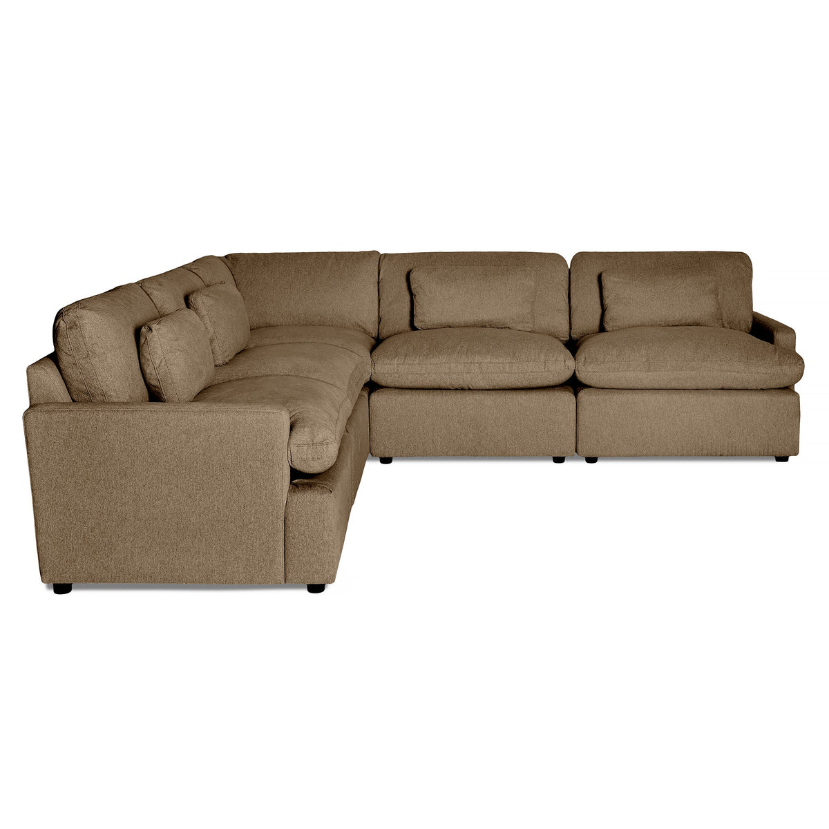 The My Cloud 5 Piece L sectional, celebrated as the Worlds Greatest Sofa, is an L-shaped piece in neutral brown. Plush back and seat cushions provide exceptional comfort, while its customizable design contrasts beautifully with a white background.