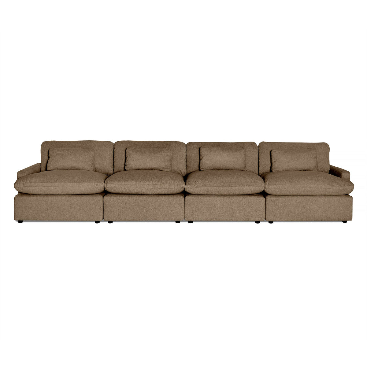The My Cloud 4 Piece Straight is a spacious four-seat brown sectional sofa with plush cushions and wide armrests. Its modern design and machine-washable fabric are showcased on a plain white background.