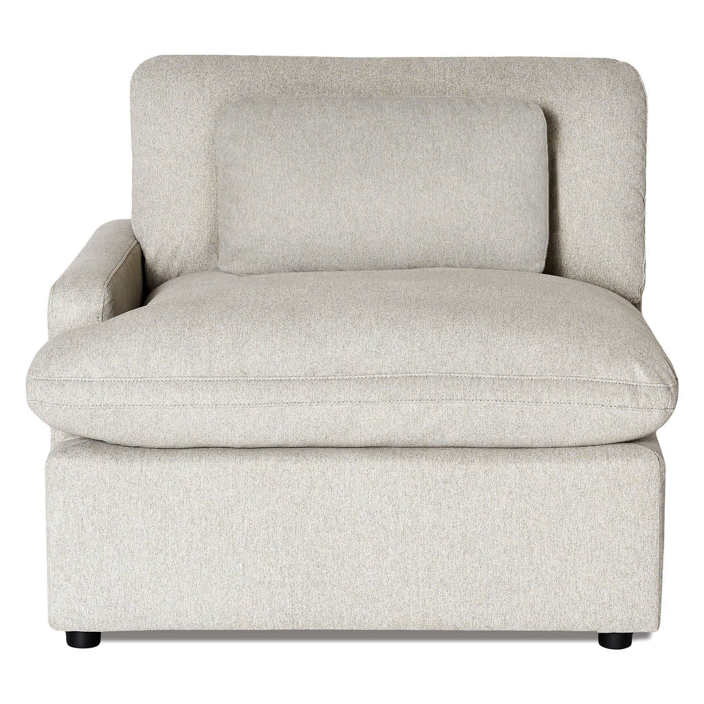 The My Cloud Left Arm is a modular light gray upholstered armchair featuring a square seat cushion and matching rectangular back cushion. With an armrest on the left, its minimalist design with short black legs complements any modern decor.
