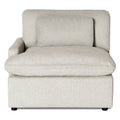 The My Cloud Left Arm is a modular light gray upholstered armchair featuring a square seat cushion and matching rectangular back cushion. With an armrest on the left, its minimalist design with short black legs complements any modern decor.