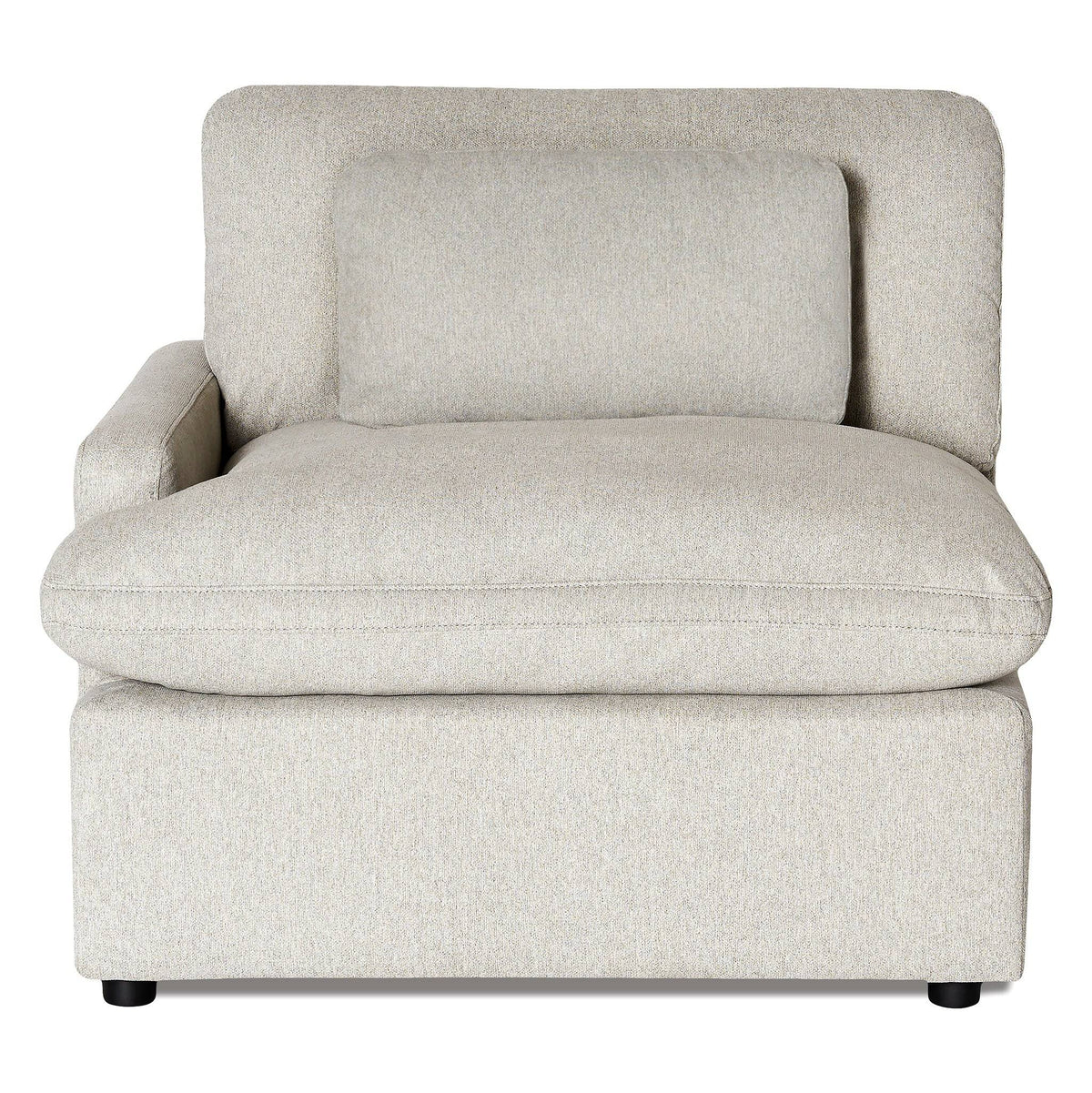 The My Cloud Left Arm is a modular light gray upholstered armchair featuring a square seat cushion and matching rectangular back cushion. With an armrest on the left, its minimalist design with short black legs complements any modern decor.