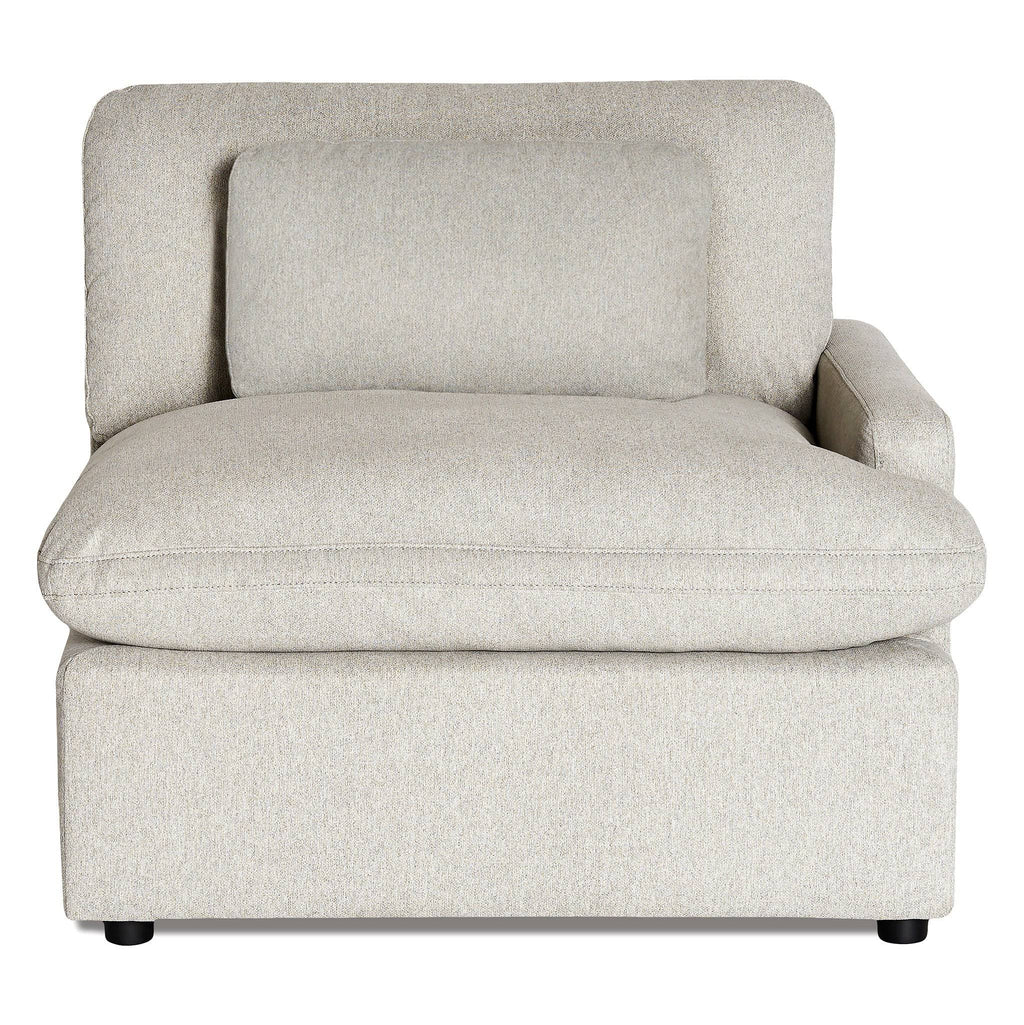 The My Cloud Right Arm is a plush, light gray armchair with a matching cushion. It features a thick, padded seat and backrest, and includes a right-side armrest. This modular component offers cozy comfort and modern design to fit any seating arrangement effortlessly.