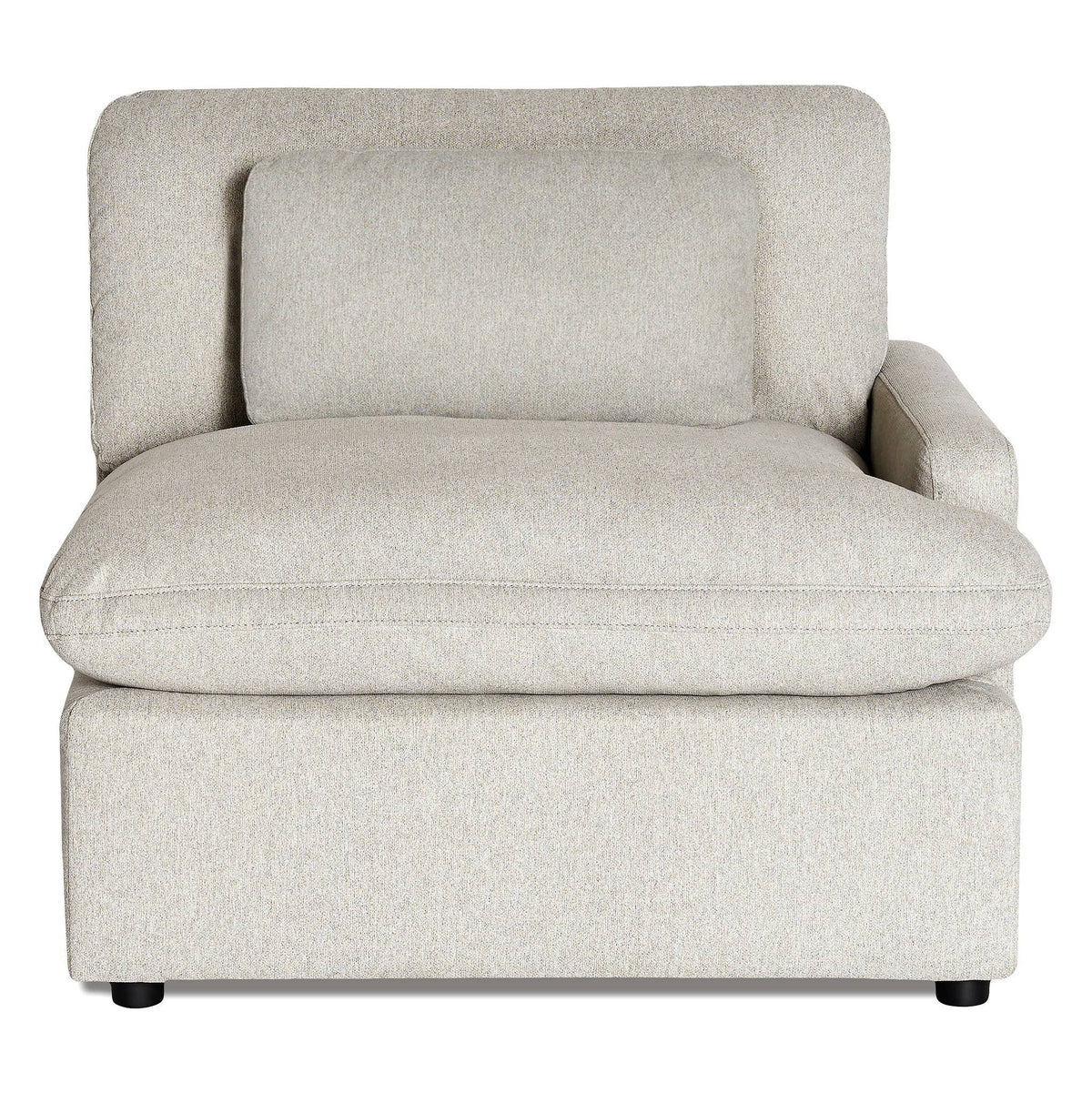 The My Cloud Right Arm is a plush, light gray armchair with a matching cushion. It features a thick, padded seat and backrest, and includes a right-side armrest. This modular component offers cozy comfort and modern design to fit any seating arrangement effortlessly.