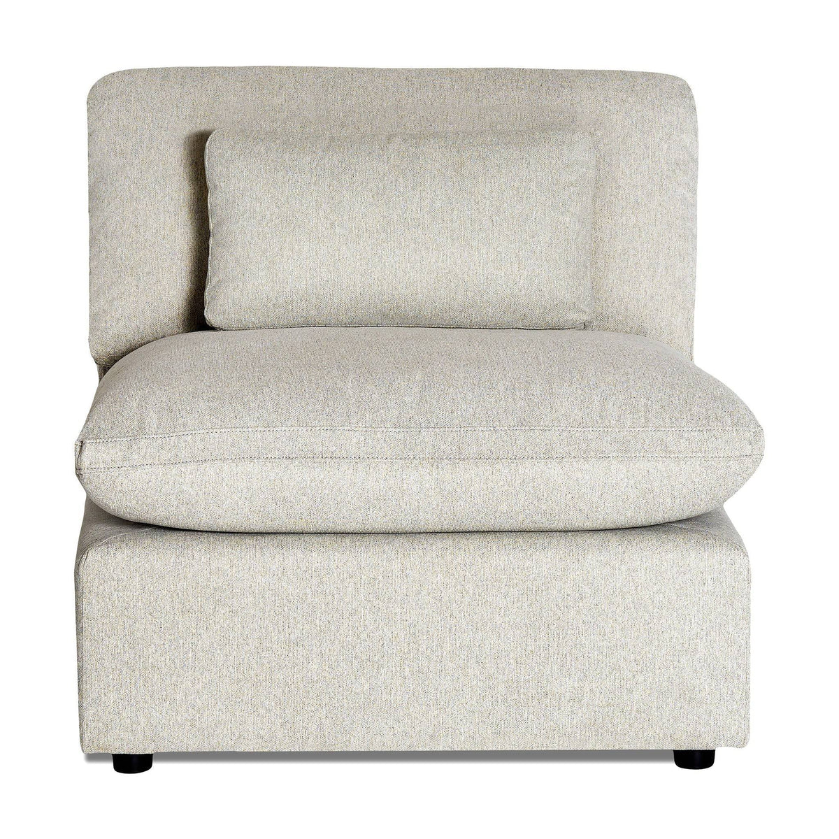 The My Cloud Armless is a modern, light gray upholstered sectional chair with a cushioned seat and backrest. It features a centered rectangular cushion and small, subtle legs, making it an ideal minimalist modular component for any living space.