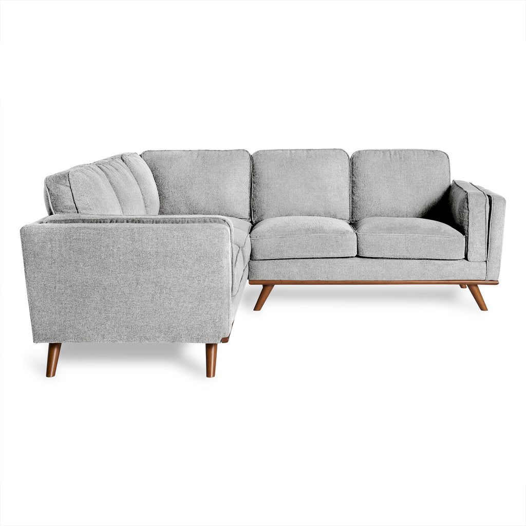 Greige Maddox L-sectional in a warm rustic lodge cabin living room