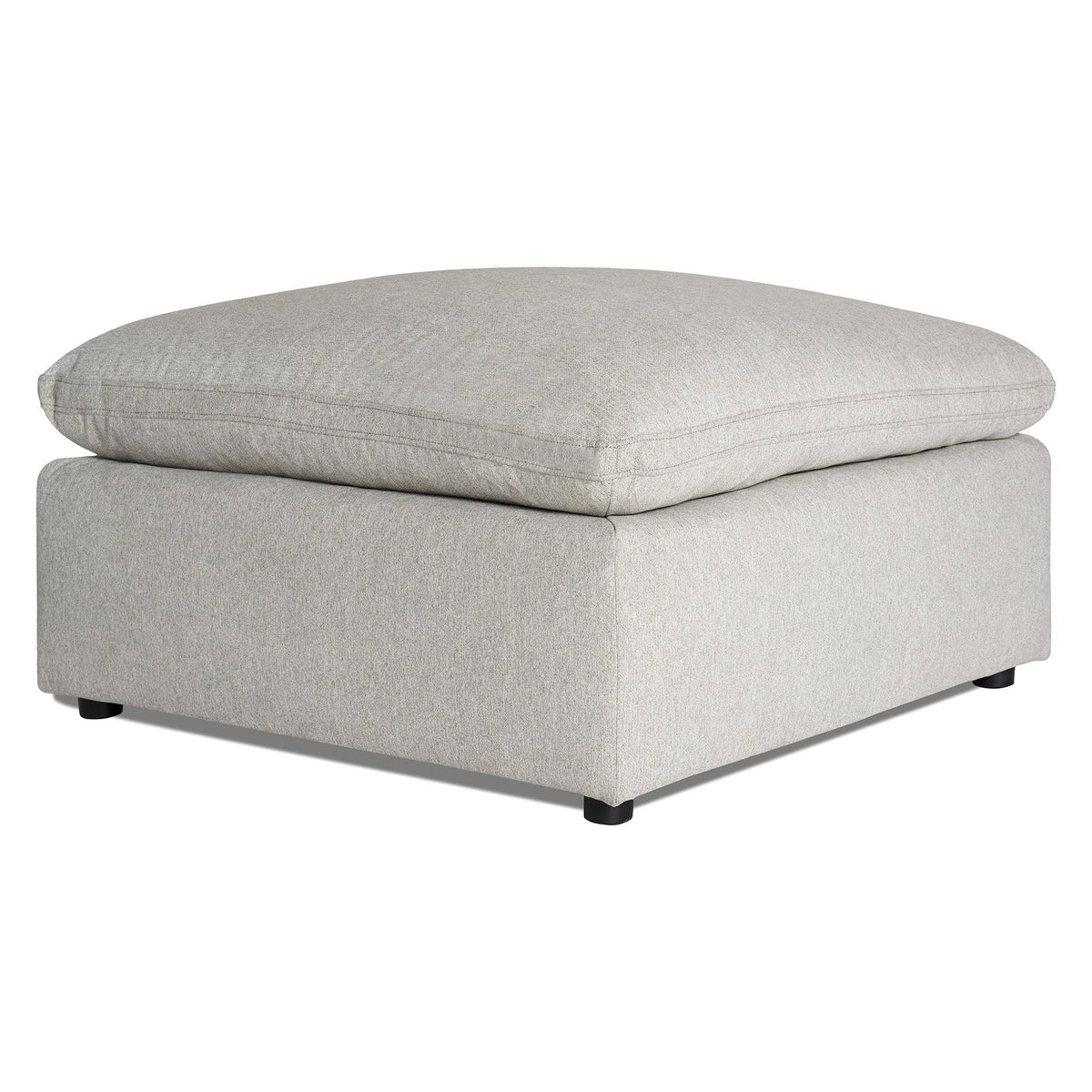 The My Cloud 40 Ottoman is a gray square piece with a cushioned top, solid base, and small black feet. Its soft fabric adds comfort and style to any room.