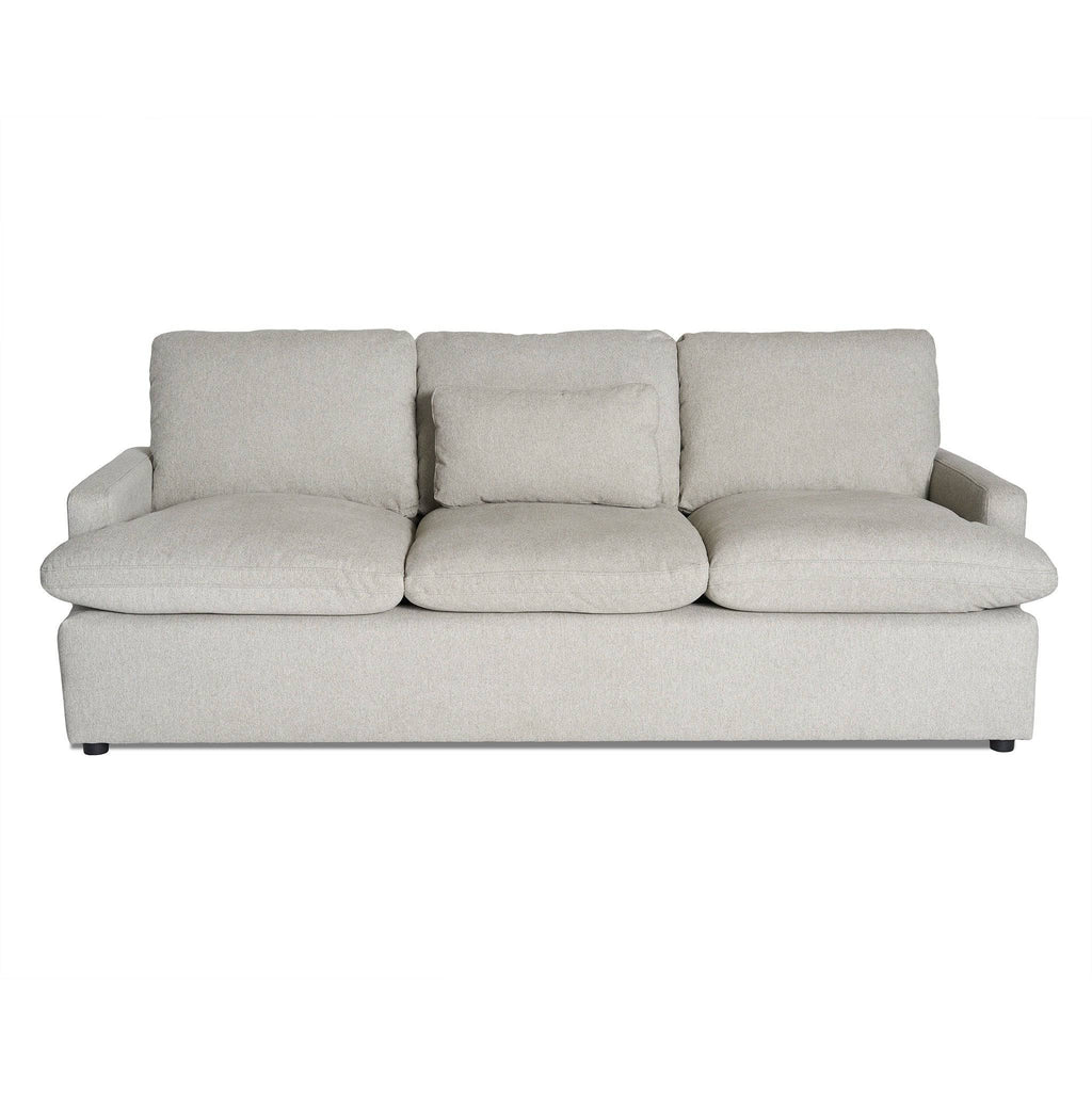 The My Cloud Sofa is a three-piece, gray masterpiece with plush cushions and a modern, simple design. Featuring customizable seat and back cushions, this three-seat beauty exudes comfort against a plain white backdrop.