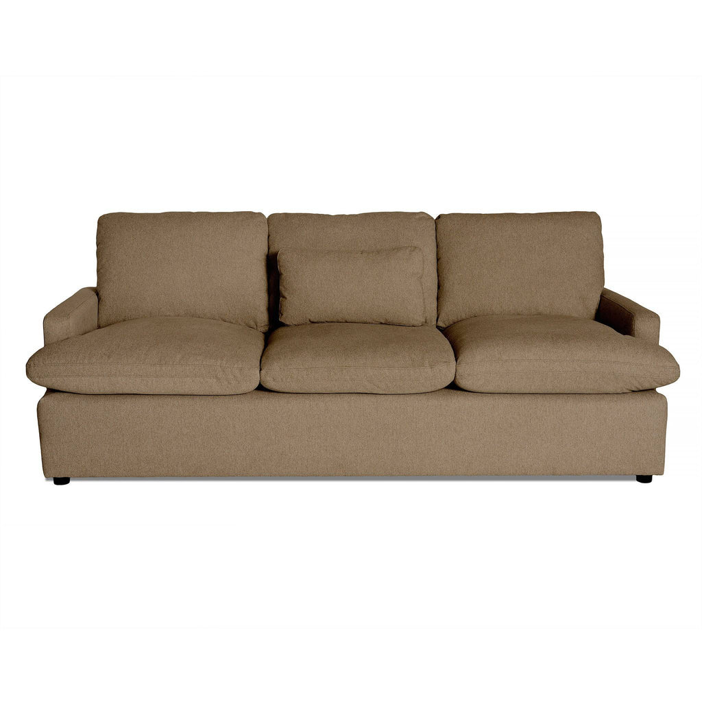 The My Cloud Sofa is a brown, plush three-seater with a simple modern design, featuring thick armrests and small dark legs for a cozy and stylish seating option.