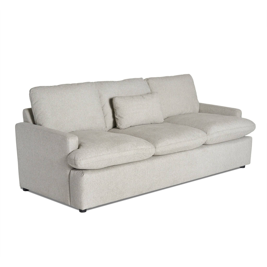 Introducing the My Cloud Sofa: a three-seater light gray marvel with plush cushions and a sleek rectangular design. This comfortable piece features three seat cushions, three back cushions, and two armrests for a modern touch of luxury.