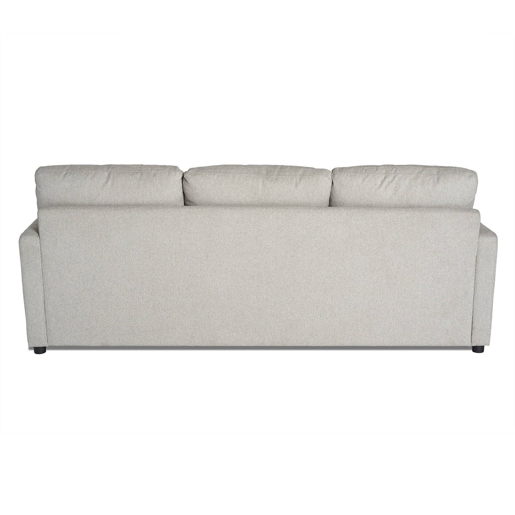 Back view of the My Cloud Sofa in light gray, featuring three cushioned backrests and subtle armrests, embodying comfort against a white backdrop.
