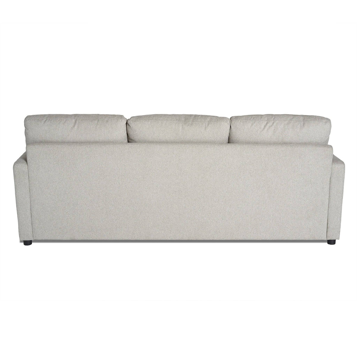 Back view of the My Cloud Sofa in light gray, featuring three cushioned backrests and subtle armrests, embodying comfort against a white backdrop.