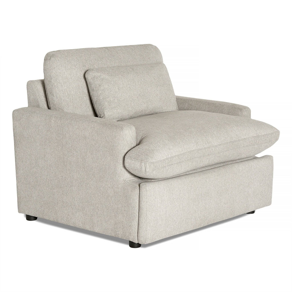 The My Cloud Power Recliner is a modern gray armchair featuring plush cushions and a minimalist design. Its boxy shape, single back cushion, sleek armrests, and small black feet promise both style and relaxation.