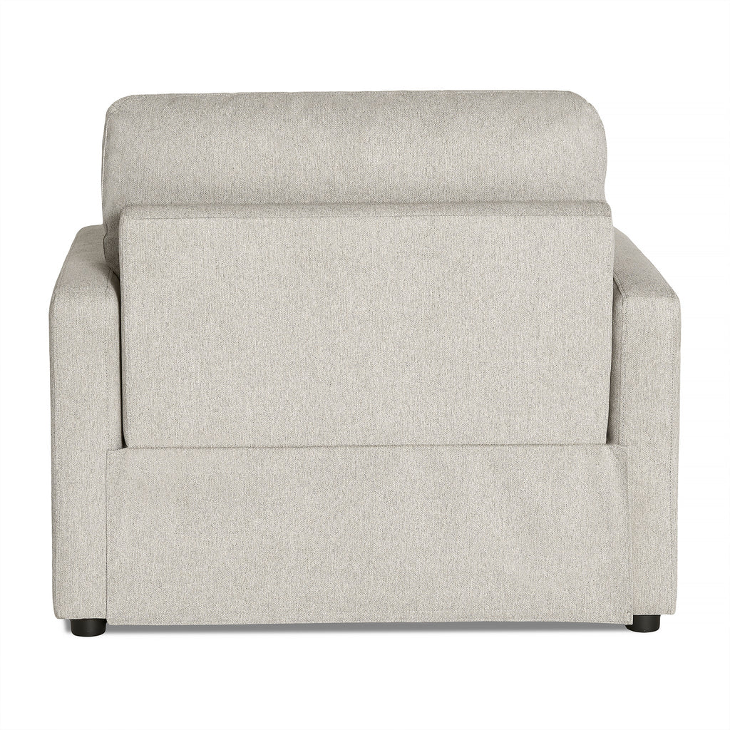 The My Cloud Power Recliner is upholstered in light gray fabric with a subtle texture, featuring a boxy design and clean lines. It has small dark wooden legs and offers customizable style and adaptability to fit your space perfectly.