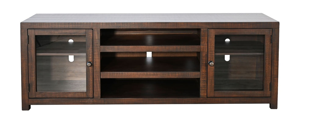 72" Homestead Media Console front view with glass doors and open shelves