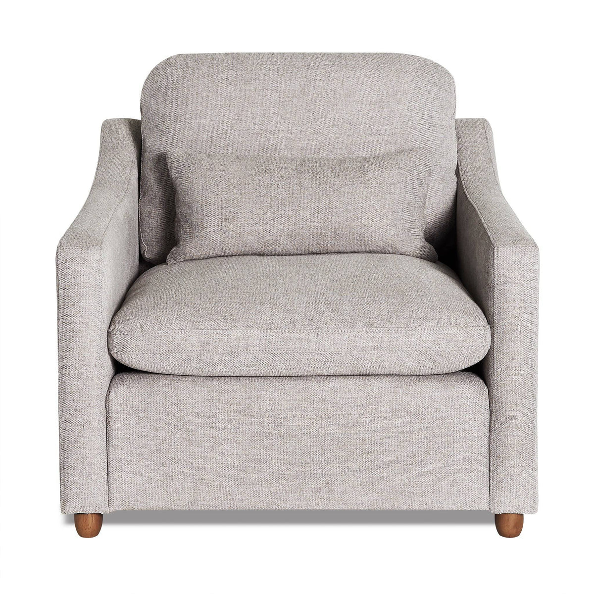 The My Cloud Slope Chair is a plush, light gray armchair with a matching seat cushion. It features contemporary design elements, soft curved armrests, and wooden legs, providing customizable comfort and style in a chic seating option.