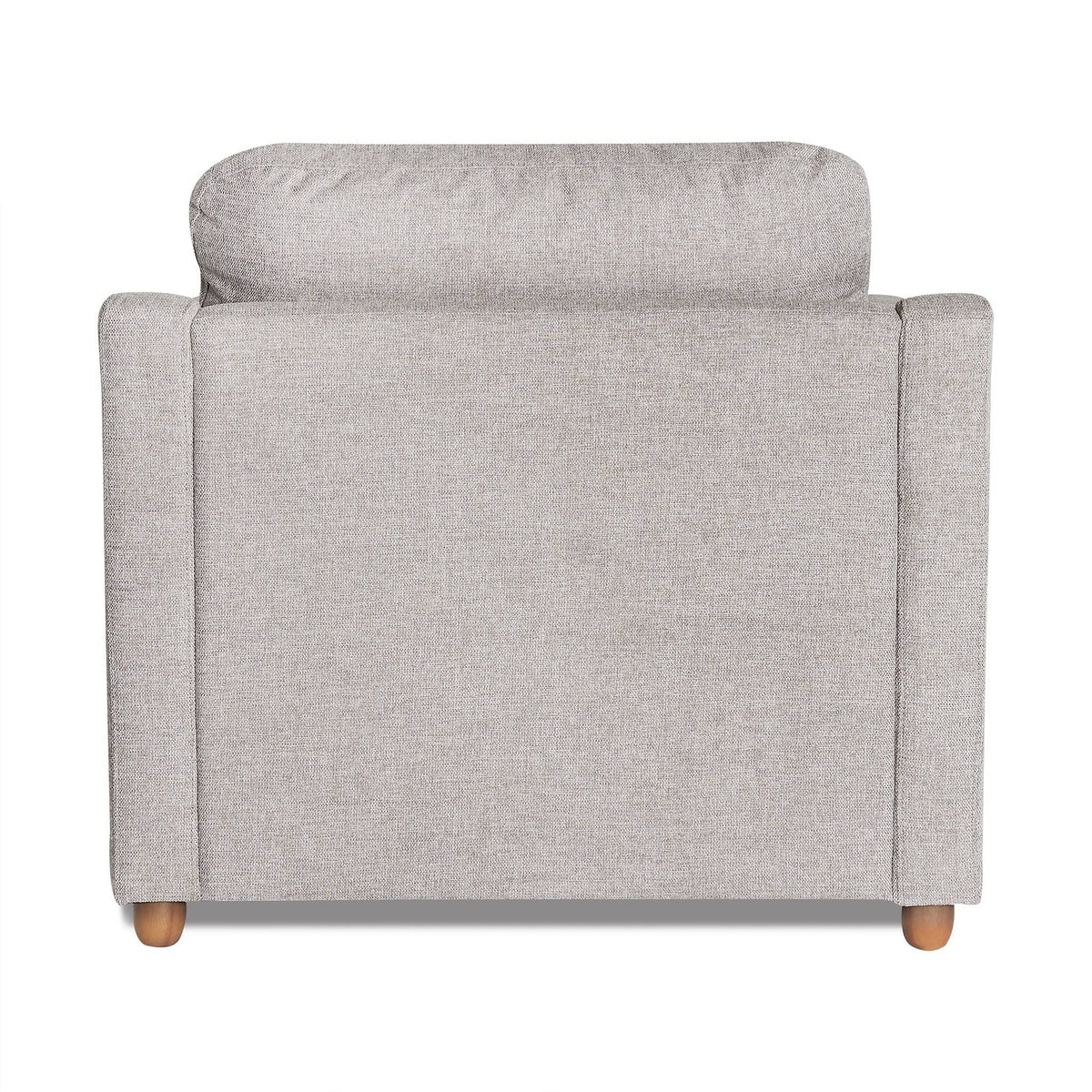 The image shows the back of the My Cloud Slope Chair, a light gray upholstered armchair with wooden legs. Set against a white background, its textured fabric, cushioned backrest, and armrests reflect customizable furniture design and offer an inviting comfort.