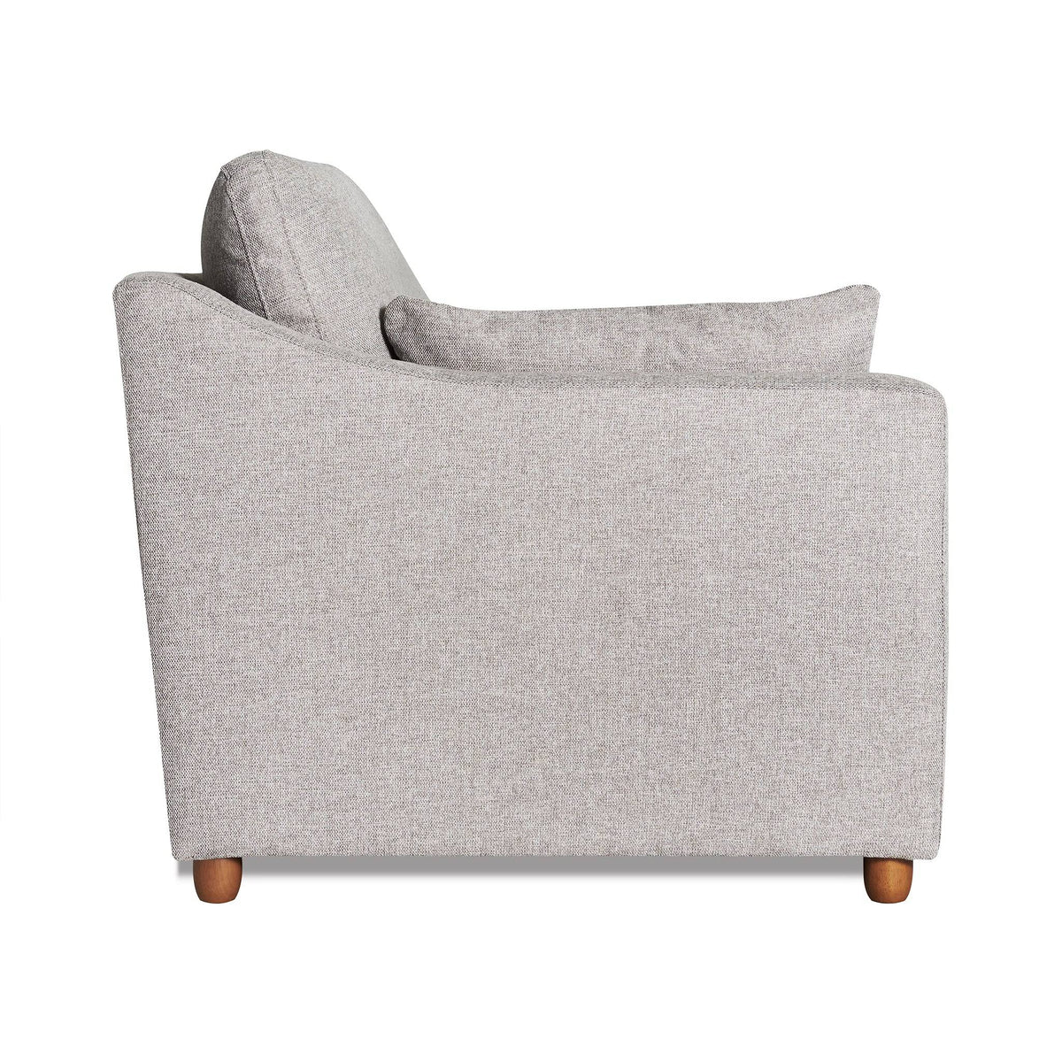 Side view of the light gray My Cloud Slope Chair featuring a cushion, slightly angled backrest, and wooden legs for a modern, minimalist look epitomizing comfort.