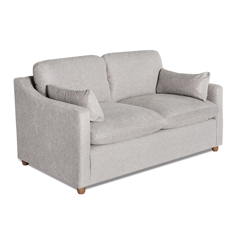 The My Cloud Slope Loveseat is a sleek modern gray two-seater sofa with plush cushions and wooden legs on a white background. It offers customizable options, featuring two large back cushions and two smaller side pillows for extra comfort.