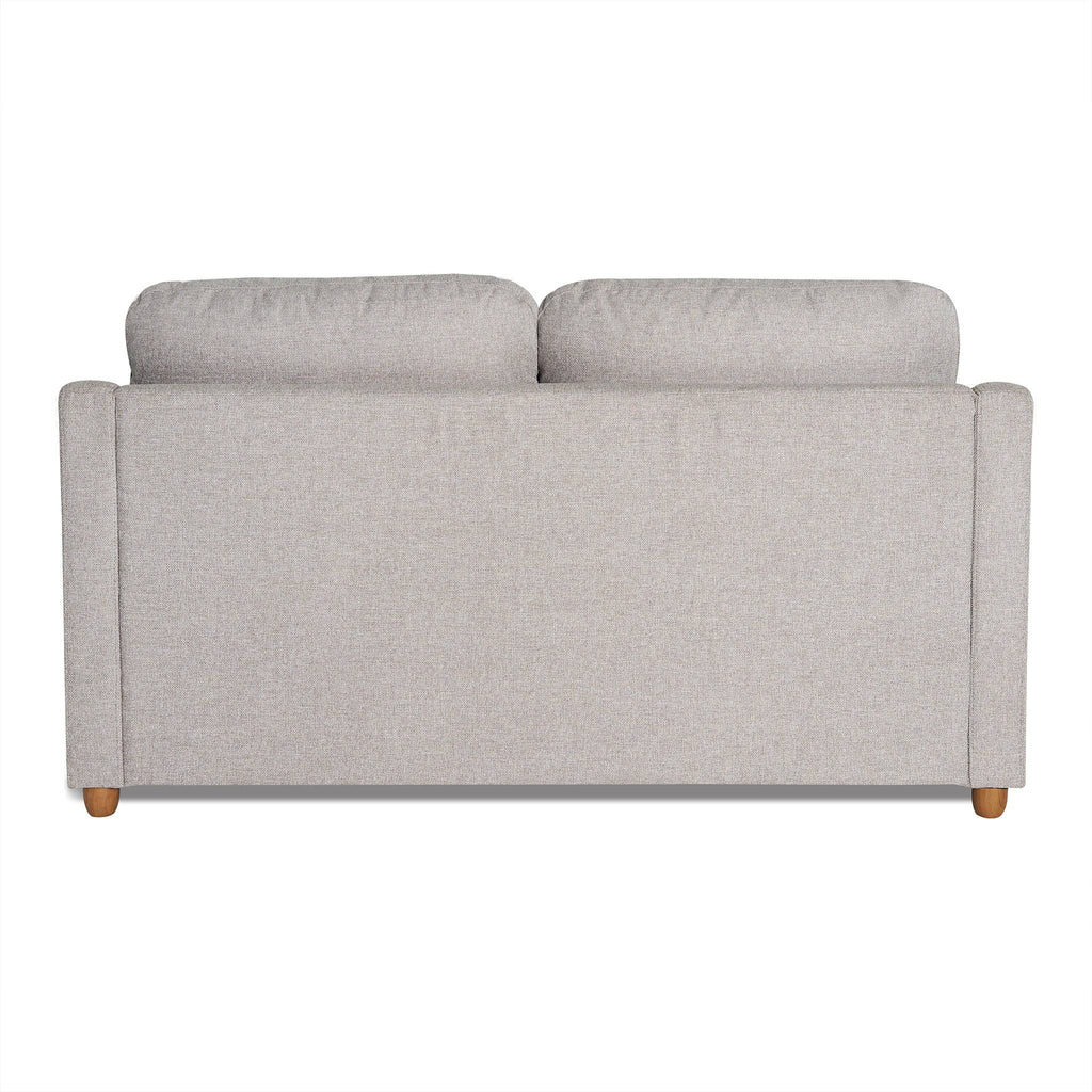 The My Cloud Slope Loveseat in gray features cushioned backrests, sleek lines, and wooden legs. Its soft fabric adds a minimalist touch. Part of our customizable furniture collection, it offers style and adaptability for any living space.
