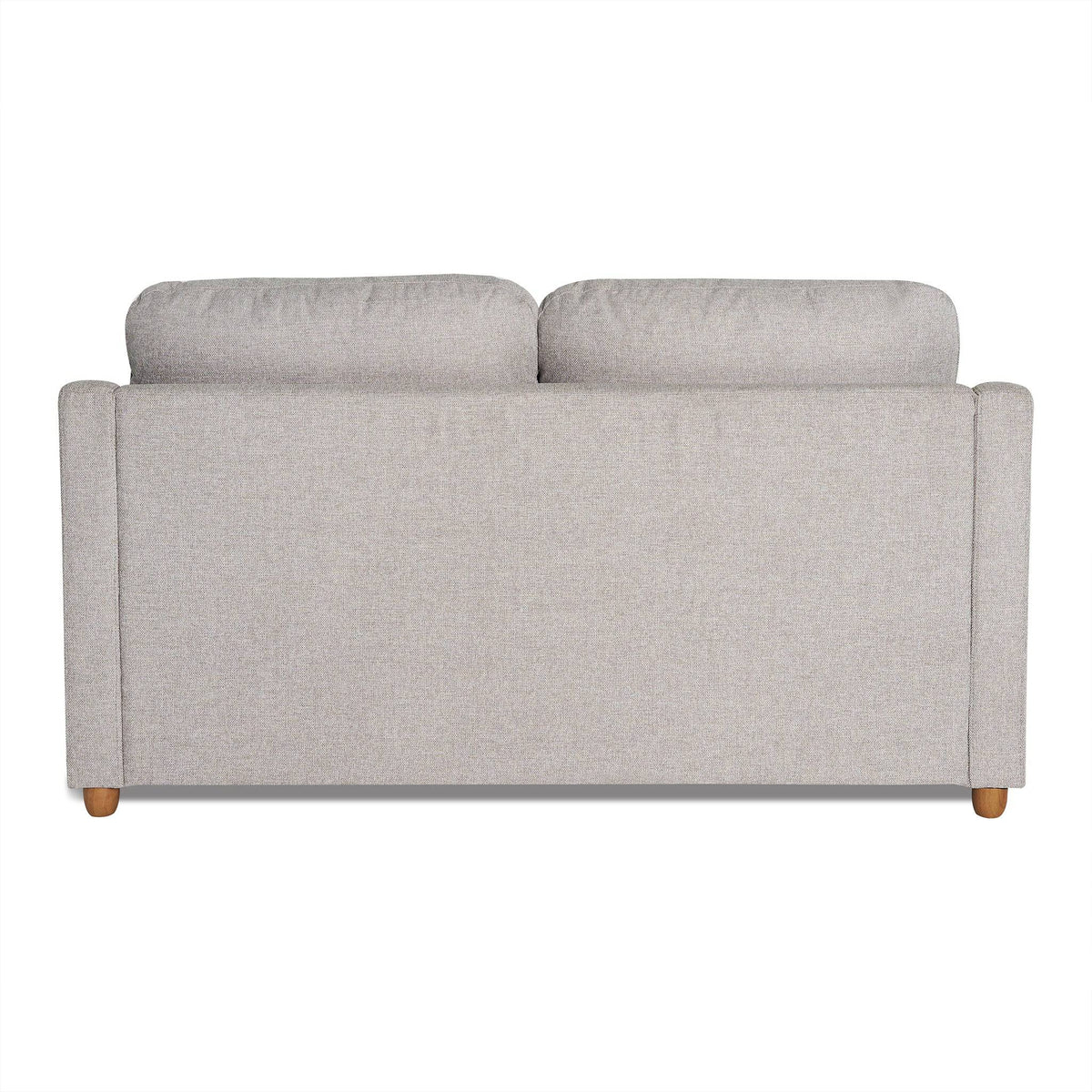 The My Cloud Slope Loveseat in gray features cushioned backrests, sleek lines, and wooden legs. Its soft fabric adds a minimalist touch. Part of our customizable furniture collection, it offers style and adaptability for any living space.