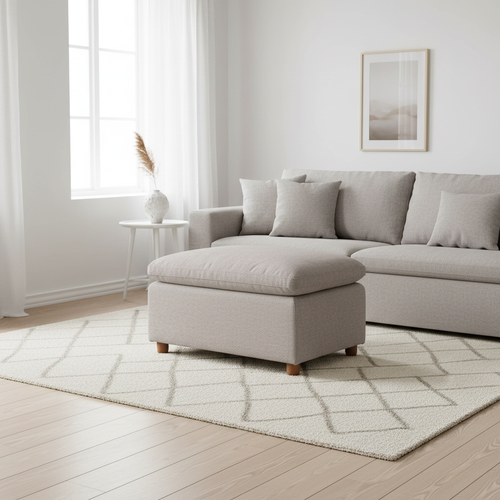 My Cloud Slope 30 inch Ottoman in Ivory Greige staged in a bright scandinavian living room