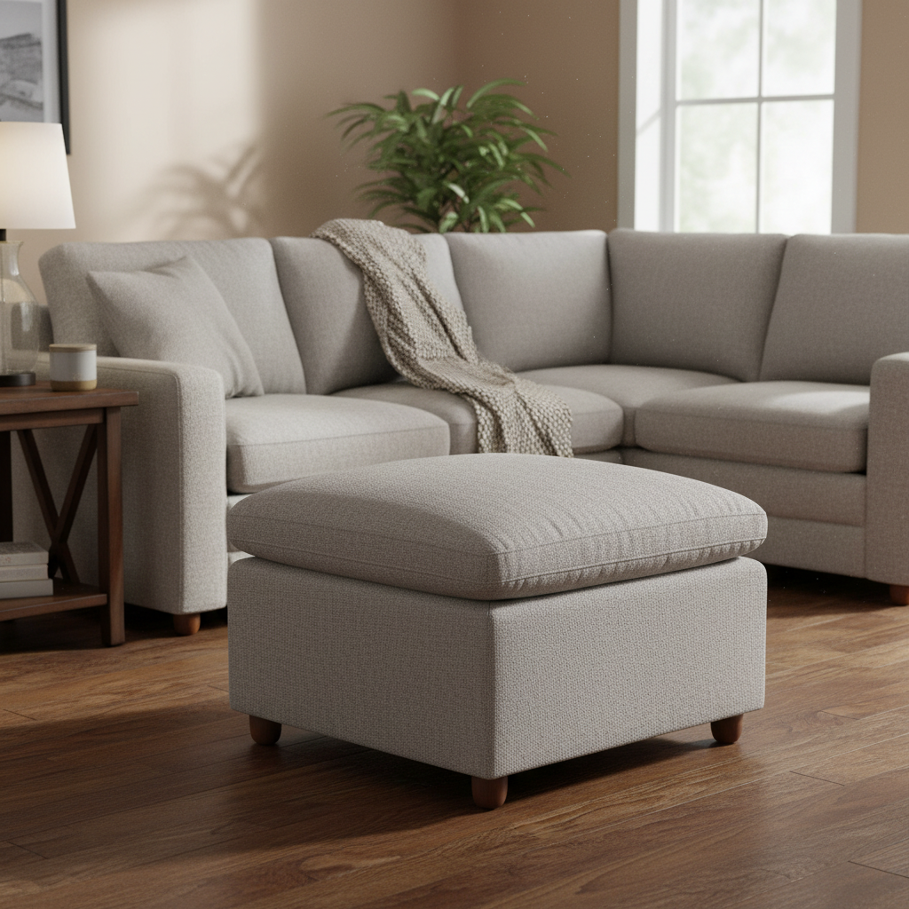 My Cloud Slope 30 Ottoman staged in a warm living room in front of a matching sofa
