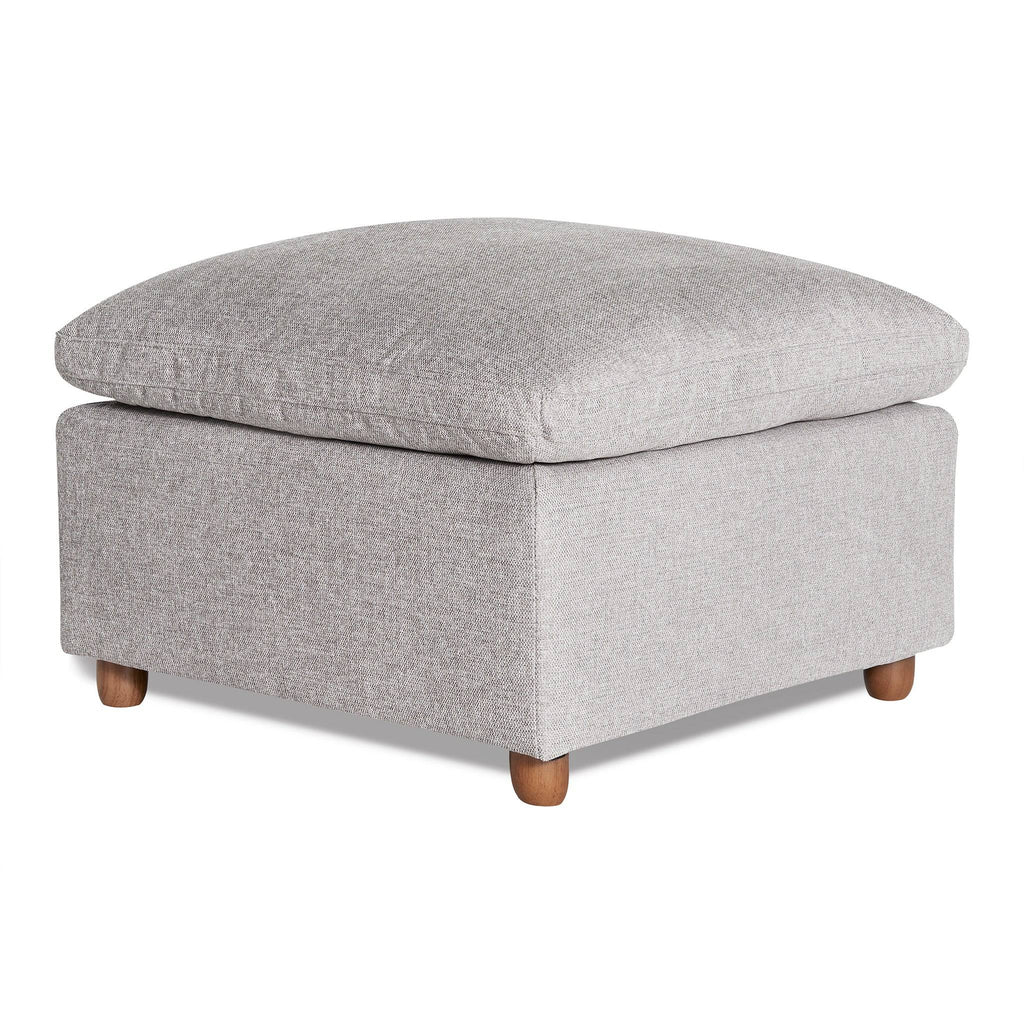 The My Cloud Slope 30 Ottoman, featuring a square design in light gray fabric with a cushioned top and wooden legs, offers comfortable furniture. Its simple, modern style is ideal for living room decor.