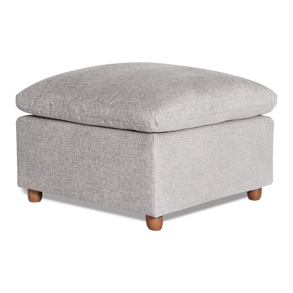 The My Cloud Slope 30 Ottoman, featuring a square design in light gray fabric with a cushioned top and wooden legs, offers comfortable furniture. Its simple, modern style is ideal for living room decor.