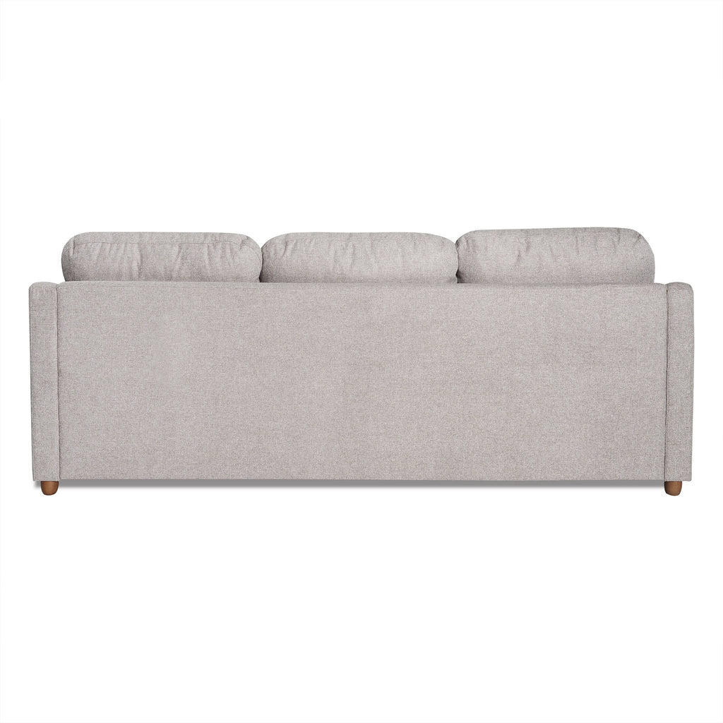 The image displays the back view of a My Cloud Slope Sofa with light gray upholstery and three large back cushions. Featuring a modern design, it has small corner wooden legs, and its machine-washable covers add style and practicality.