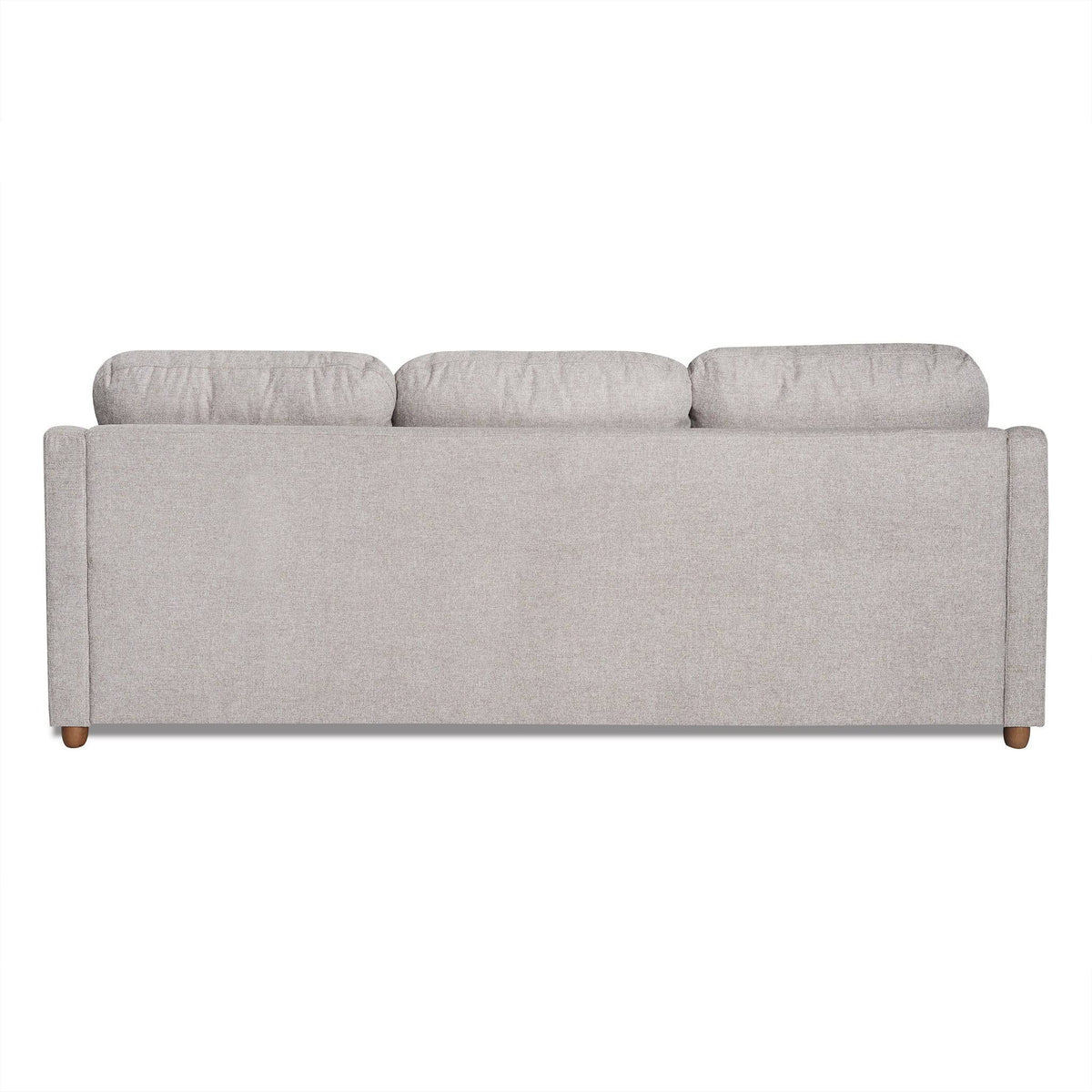 The image displays the back view of a My Cloud Slope Sofa with light gray upholstery and three large back cushions. Featuring a modern design, it has small corner wooden legs, and its machine-washable covers add style and practicality.