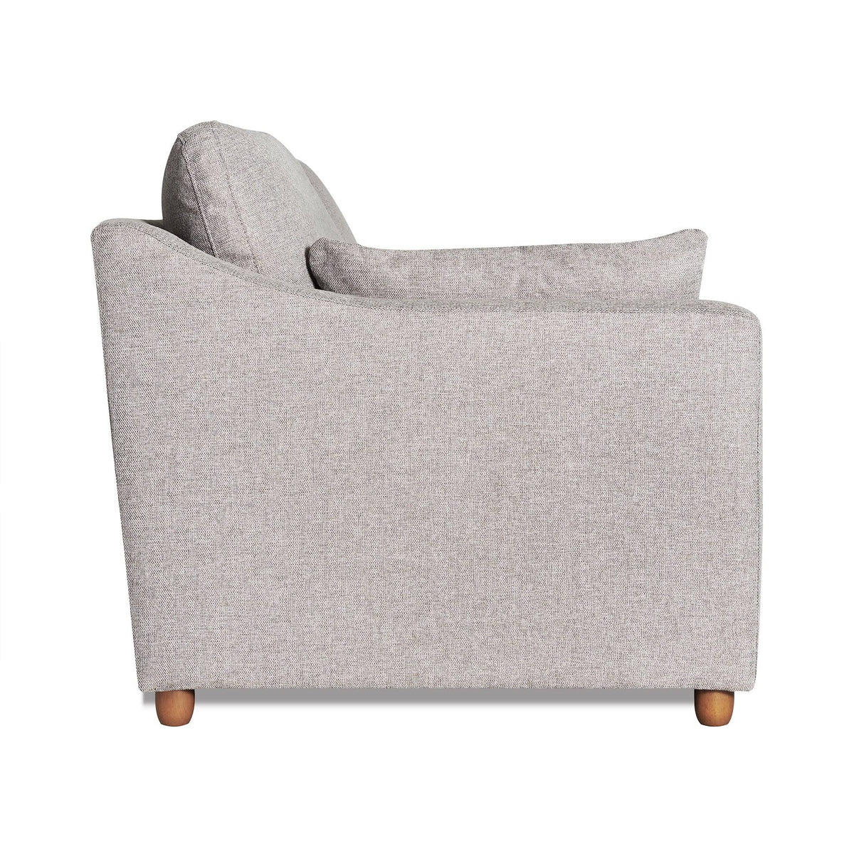 The My Cloud Slope Sofa features a side view in light gray fabric with wooden legs, a square back cushion, straight armrests, and a slim profile. Its modern design includes machine-washable covers for easy maintenance.