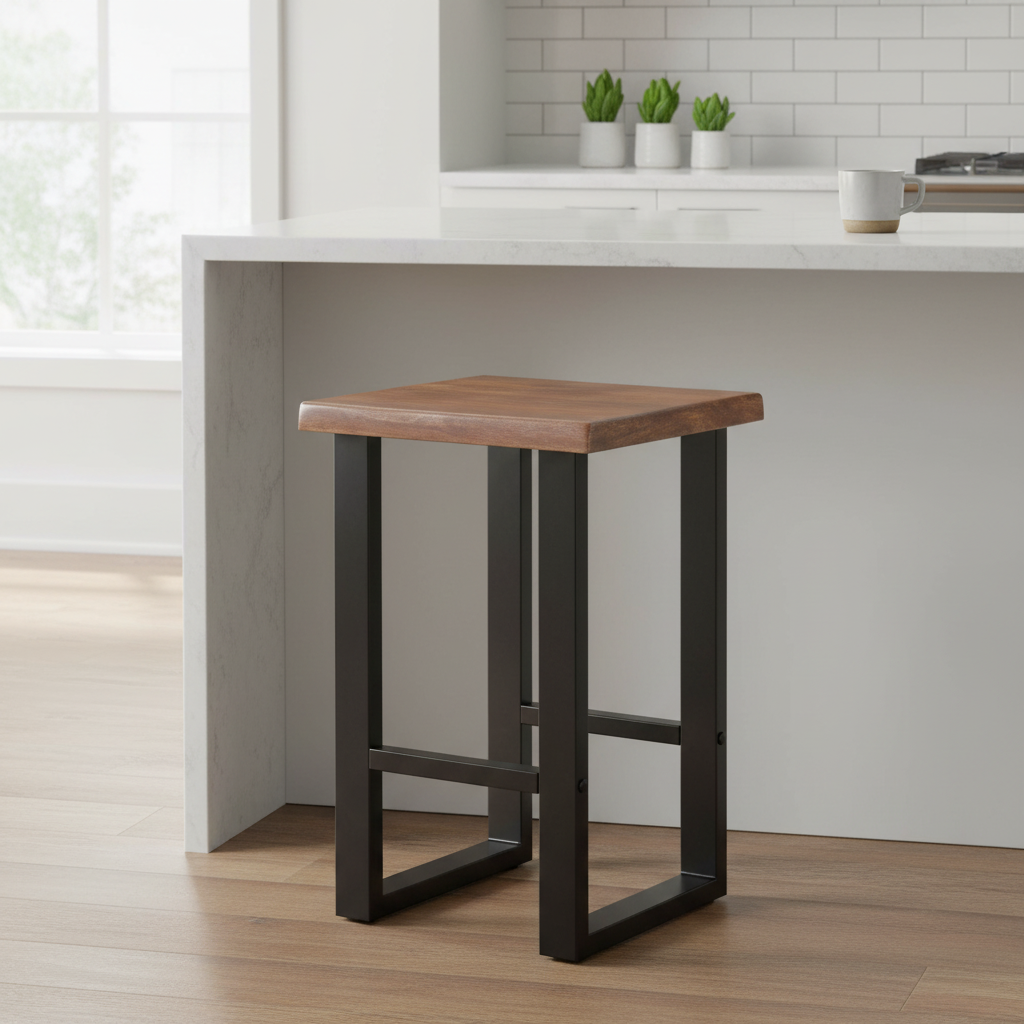Live Edge Stool tucked under a modern white kitchen island with subway tile and plants