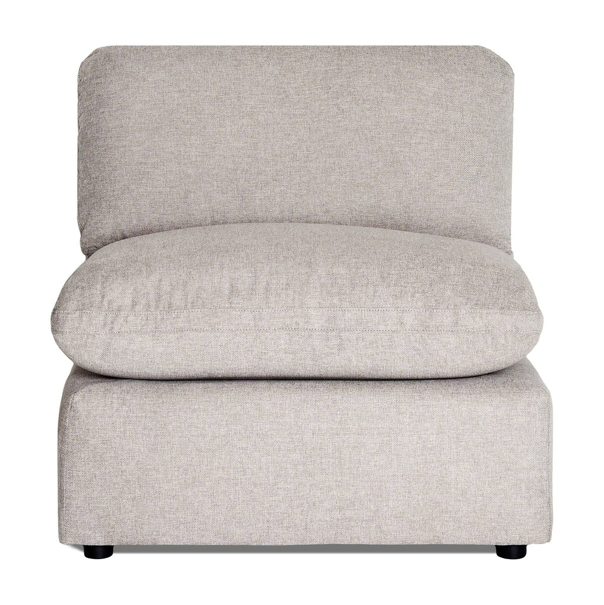 The My Cloud Slope Armless is a simple gray armchair with a thick cushioned seat and backrest. It features a minimalist design that complements versatile sectionals, lacks visible armrests, and sits on small black legs, offering a modern and comfortable look.