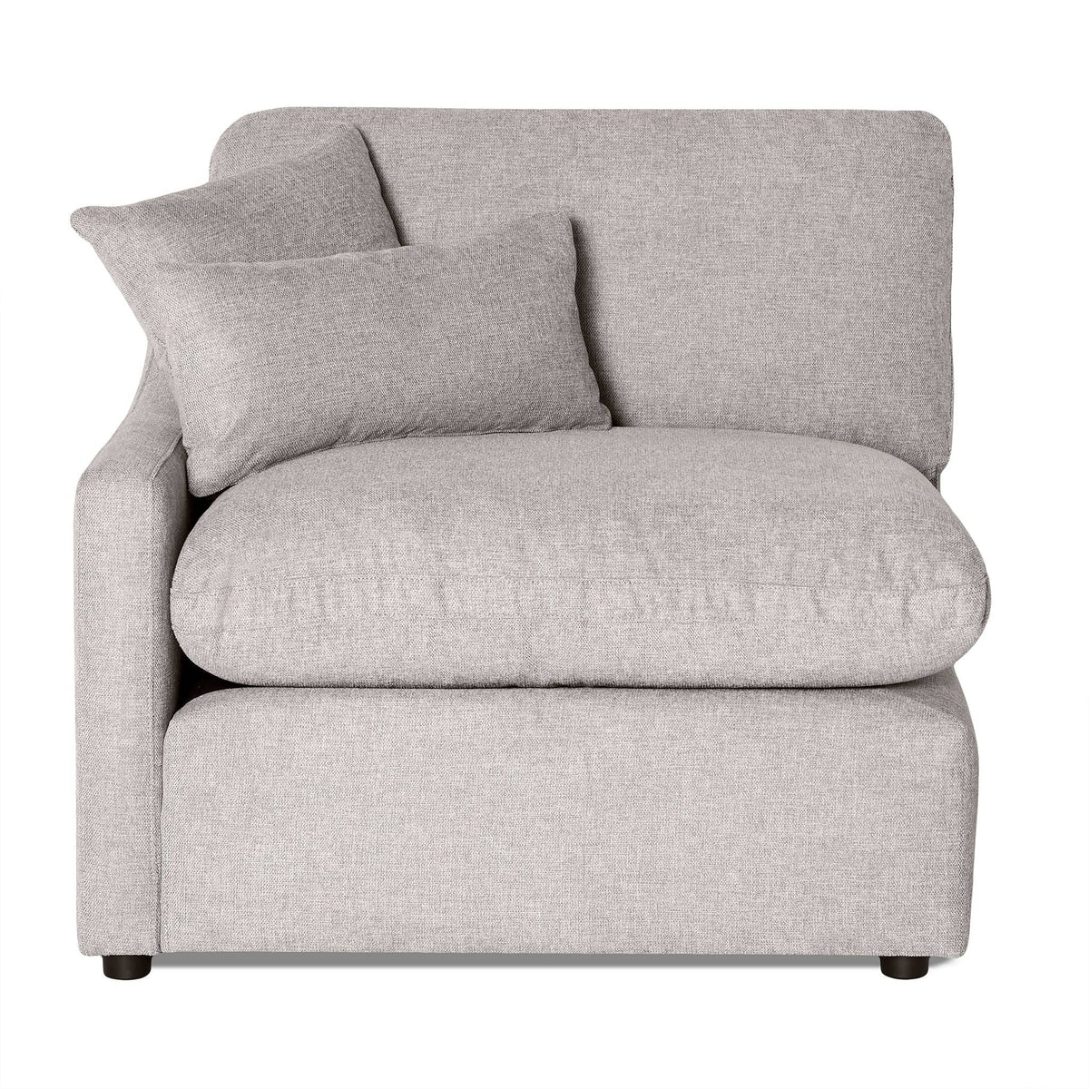 The My Cloud Slope Left Arm in gray fabric enhances your living space with its thick cushioned seat and backrest. This modular piece features an angled pillow against the backrest, a simple modern design, and short black legs.