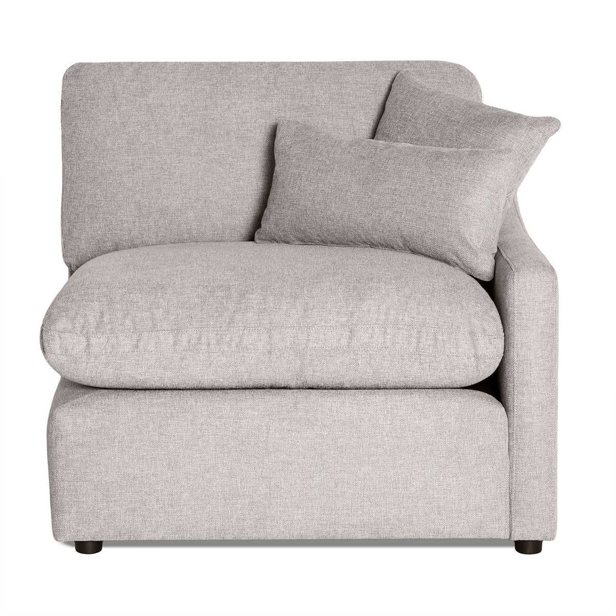 The My Cloud Slope Right Arm is a light gray modular sectional sofa component featuring a cushioned back and seat with a matching rectangular throw pillow. It has short cylindrical legs and soft, textured fabric, ideal for customizable seating arrangements.
