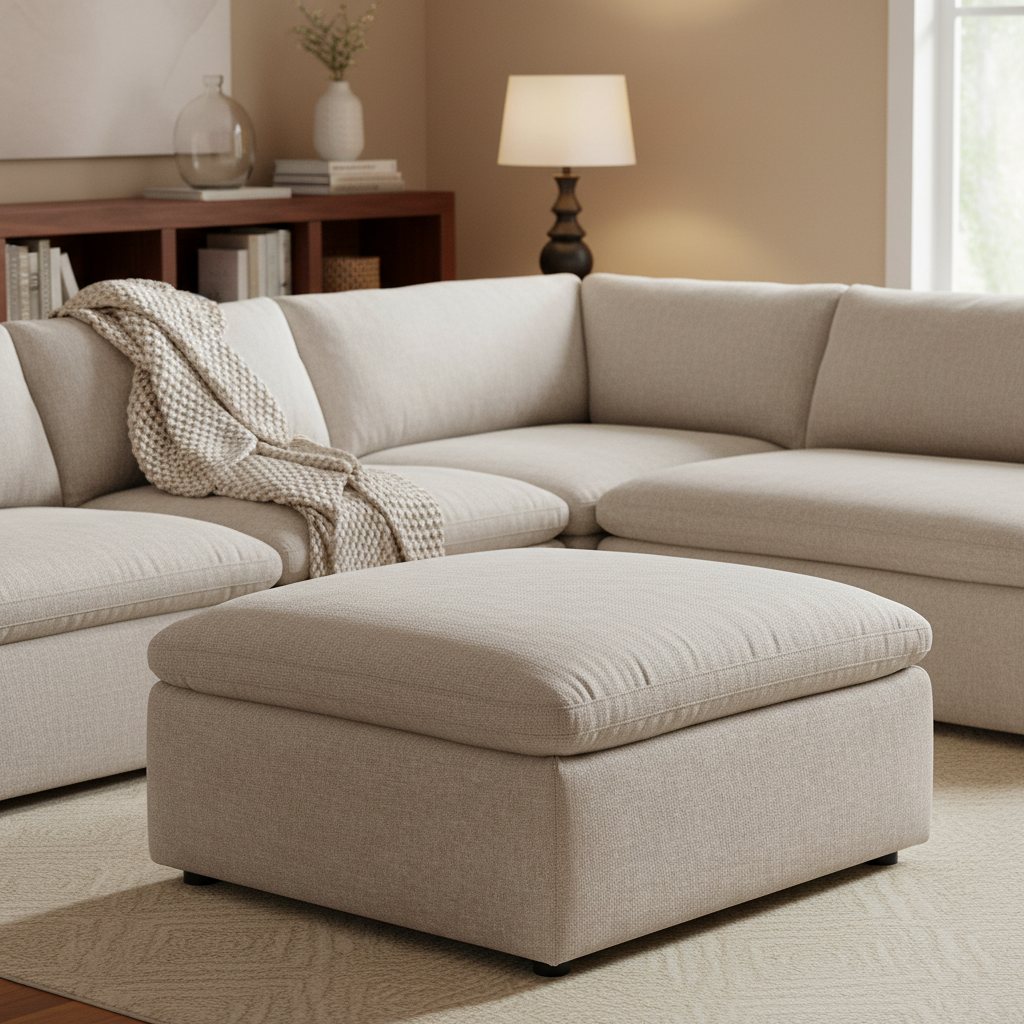 My Cloud Slope 40 Ottoman staged in a warm living room in front of a matching sectional