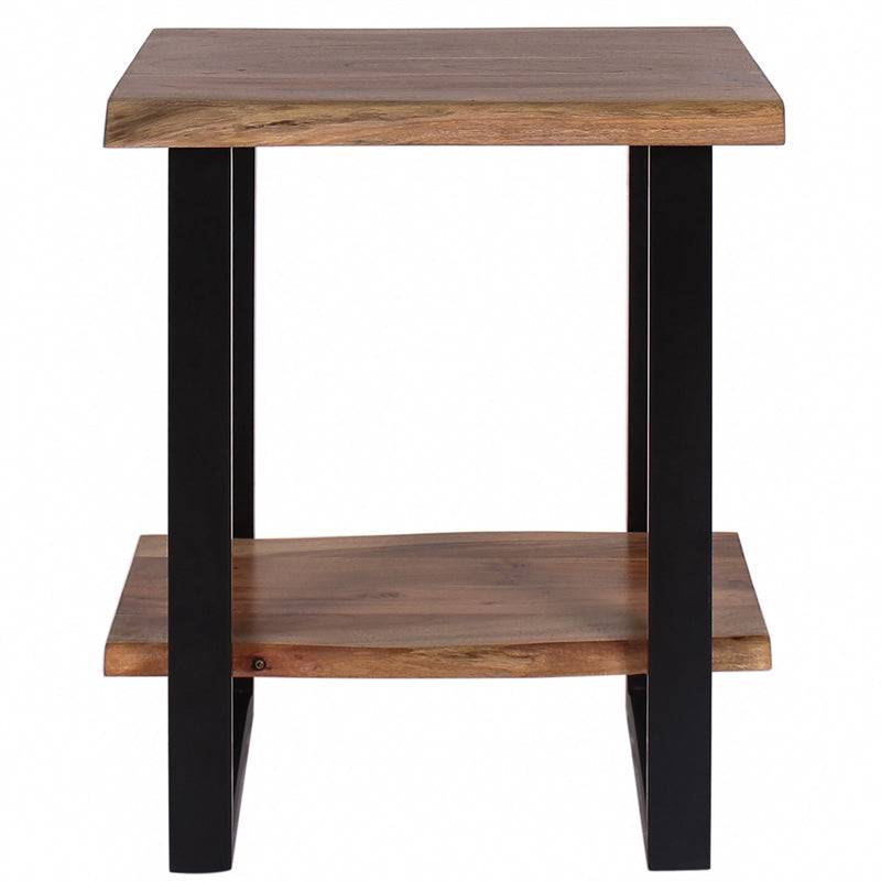 The Live Edge End Table exudes rustic charm with a natural finish, featuring a square top and bottom shelf. Supported by four black metal legs, it combines a live edge design with modern minimalism.
