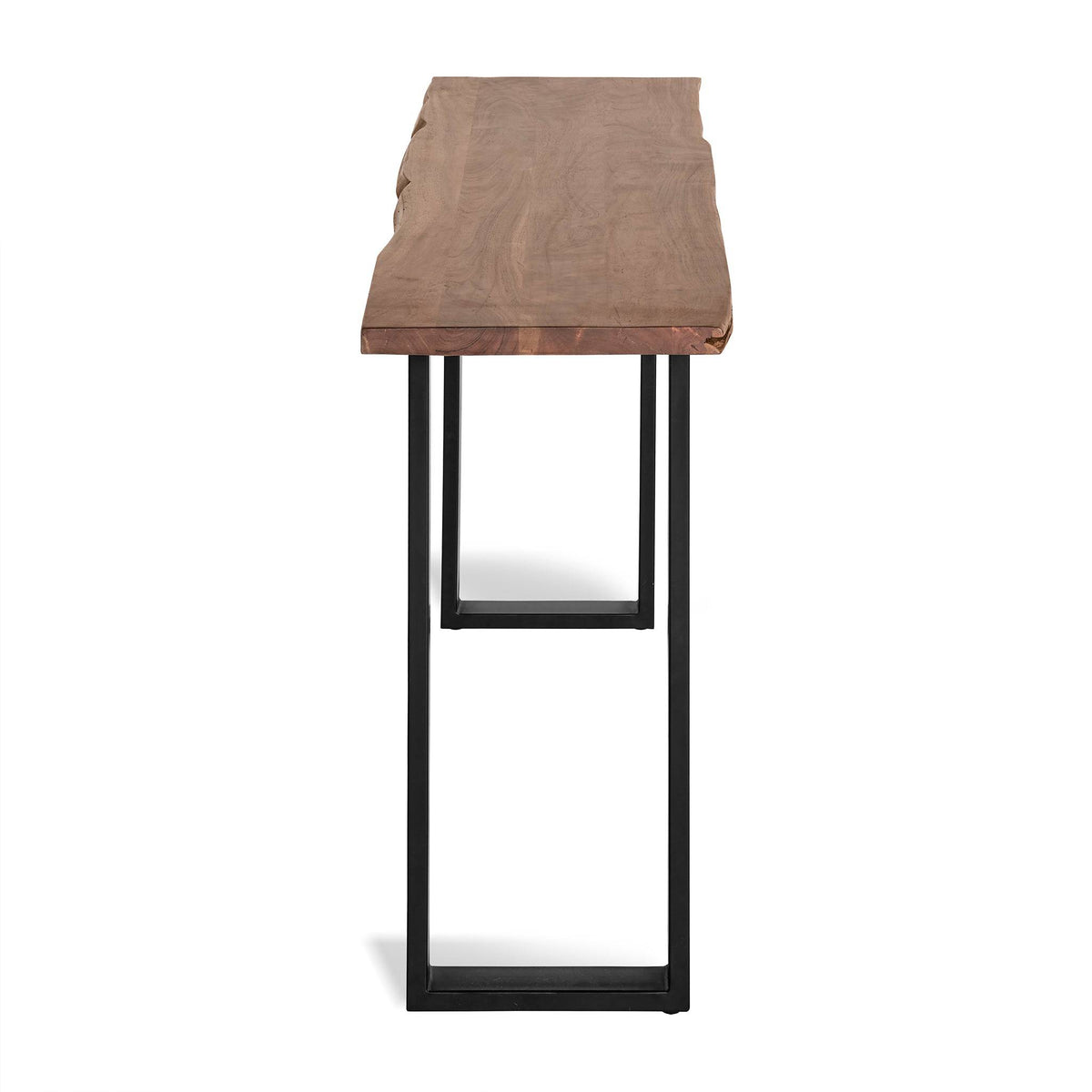 Side view of the Live Edge Console, featuring a live edge acacia wood top on a black metal frame with two legs joined by a horizontal bar. Its natural edges and unique style offer an eco-friendly, organic rustic look.