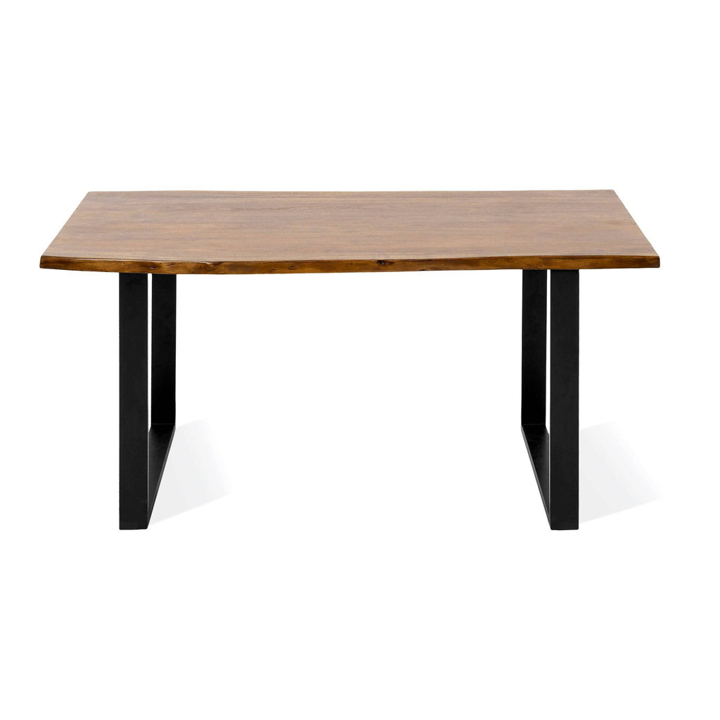 The Live Edge Dining Table features a unique rectangular acacia top with a smooth, natural finish, supported by two sturdy black metal inverted U legs, offering a modern and minimalist design that enhances any room.
