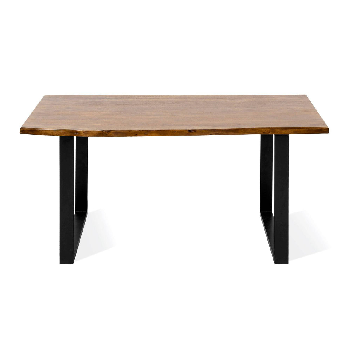The Live Edge Dining Table features a unique rectangular acacia top with a smooth, natural finish, supported by two sturdy black metal inverted U legs, offering a modern and minimalist design that enhances any room.