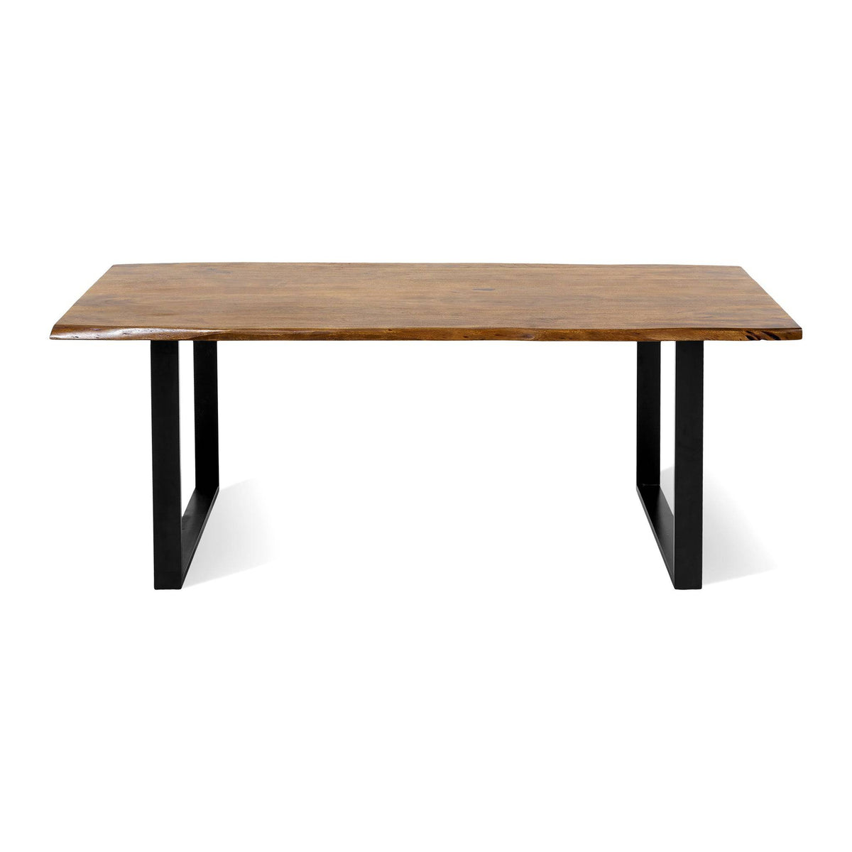 The Live Edge Dining Table is a rectangular wooden table with a smooth top and dark metal legs. Crafted from unique wood slabs, it has a natural finish and an inviting, minimalistic modern design.