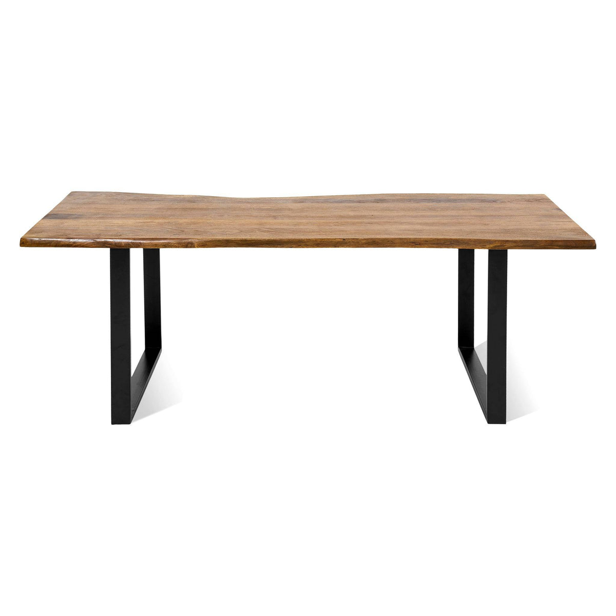 The Live Edge Dining Table has a natural, uneven acacia surface and inverted U-shaped black metal legs for a modern look. Its rectangular design crafted from unique wood slabs is reflected against a white background, creating an inviting atmosphere.