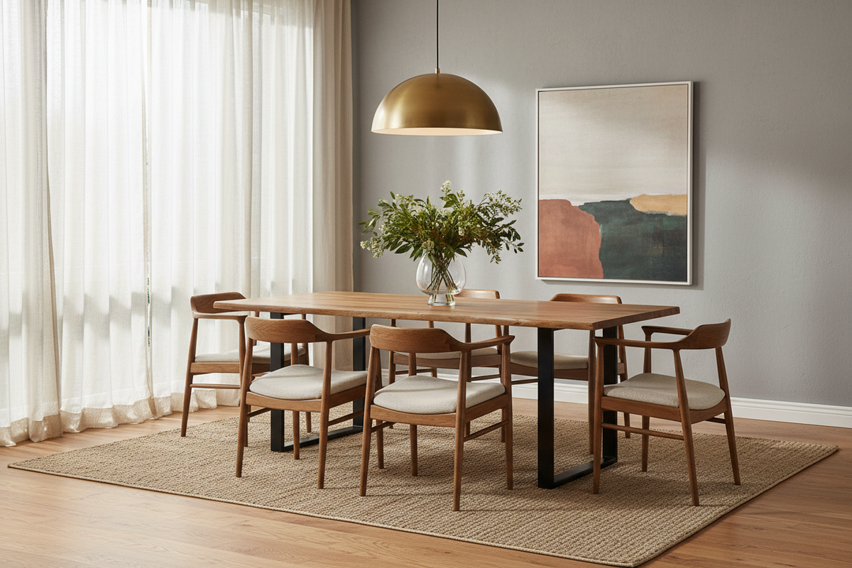 Live Edge acacia dining table staged in a warm modern dining room with wood chairs, brass pendant light and greenery