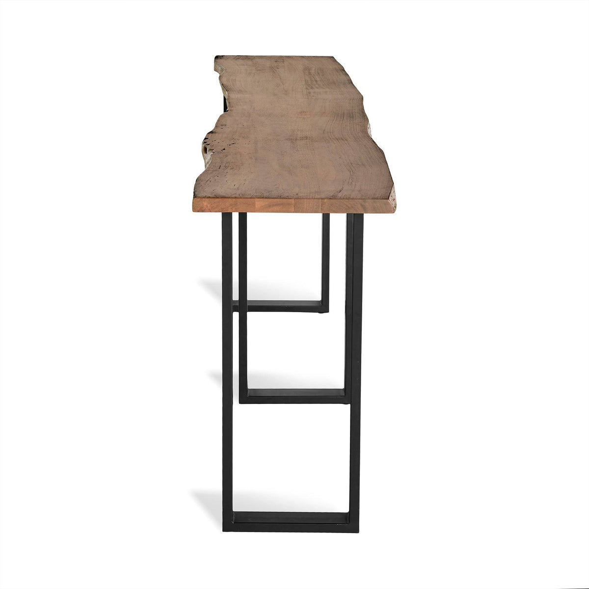Side view of the Live Edge Console, a narrow wooden table featuring a live edge acacia wood top with natural, irregular edges. The light brown surface rests on a black metal base with a geometric rectangular frame, adding unique style.