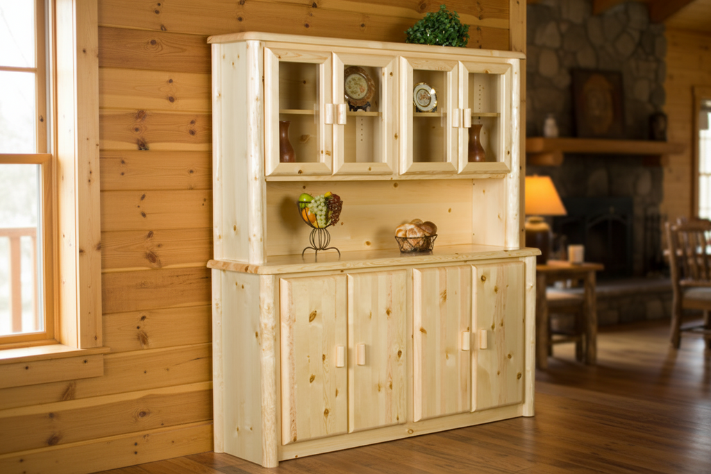 Northwoods log buffet and hutch staged in a warm log cabin dining room