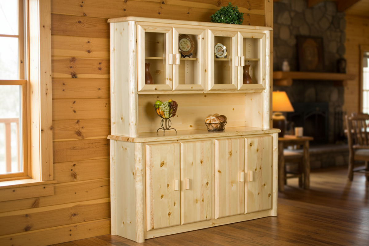 Northwoods log buffet and hutch staged in a warm log cabin dining room