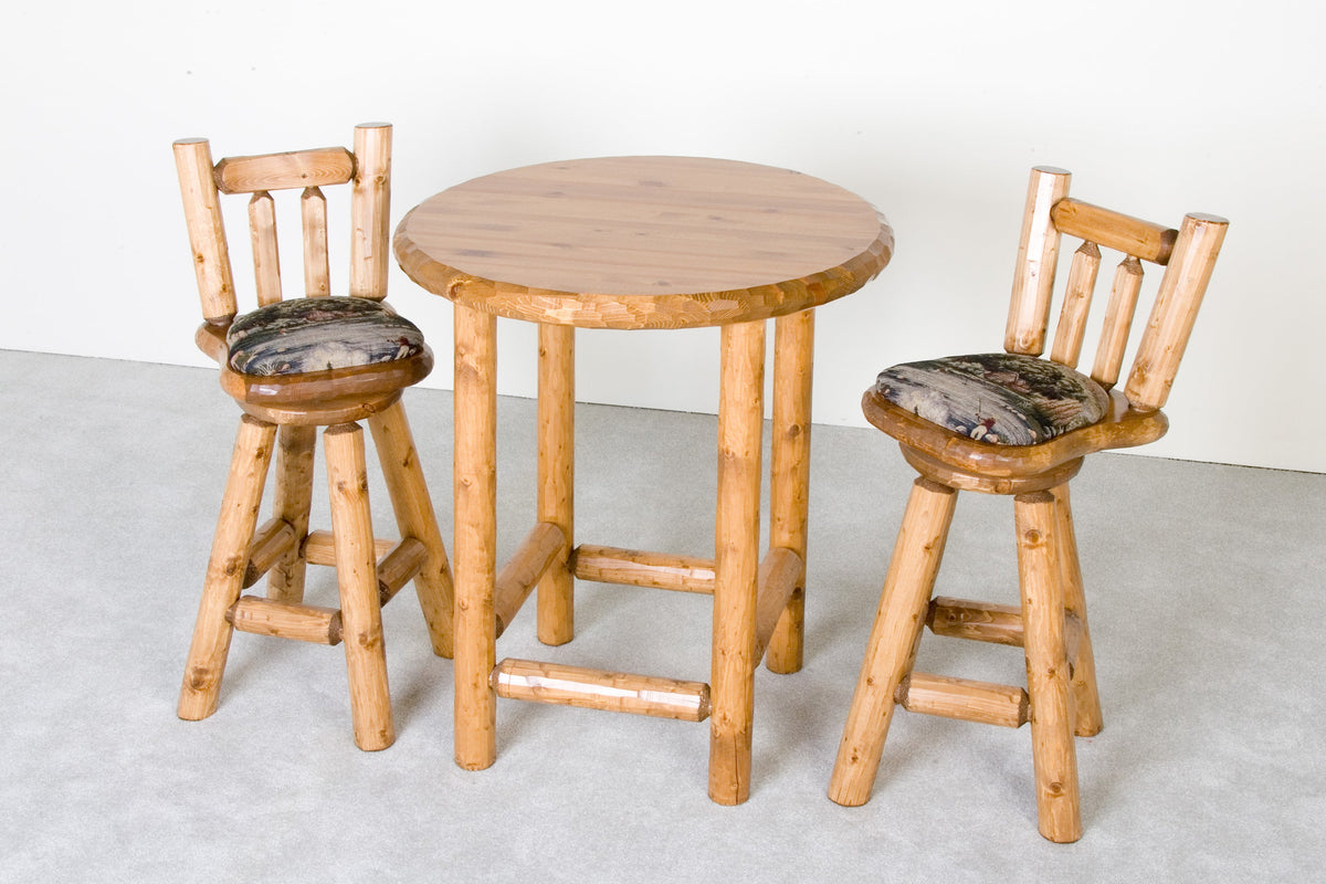 Log Pub Table with upholstered bar stools